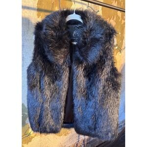 Rachel Zoe Black Faux Fur Vest Shawl Collar Open Front Pockets Womens Size Small